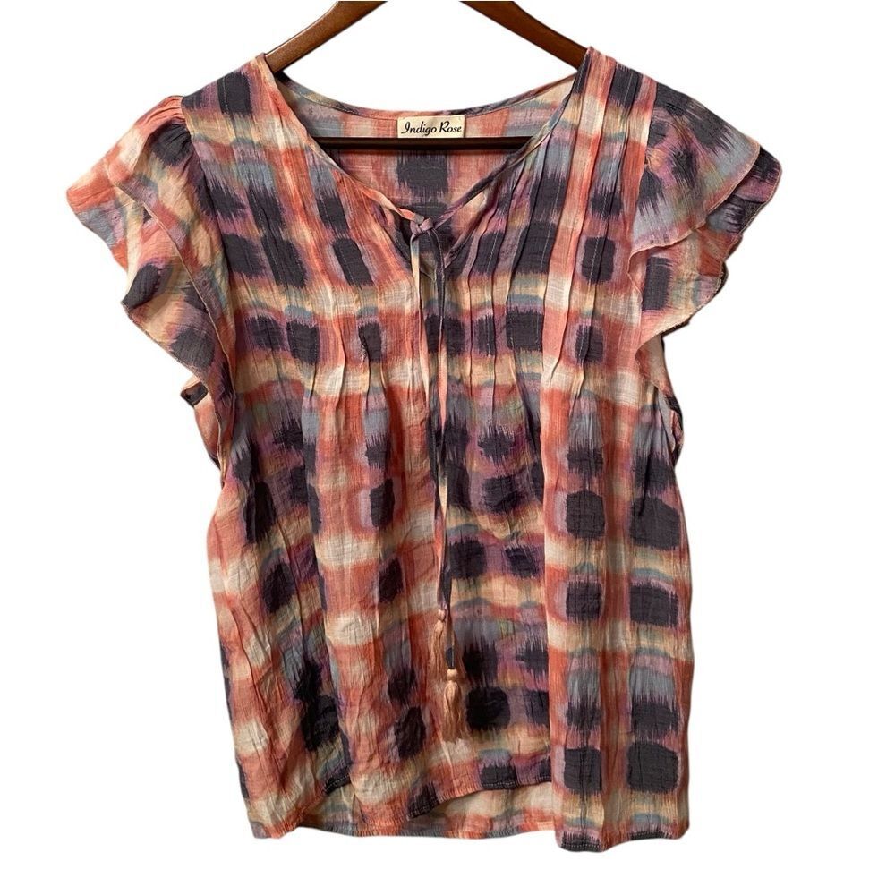 Indigo Rose Pink Purple & Blue Plaid Ruffle Blouse